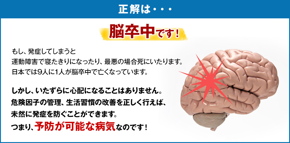 正解は・・・脳卒中です！　もし、発症してしまうと運動障害で寝たきりになったり、最悪の場合死にいたります。日本では9人に1人が脳卒中で亡くなっています。しかし、いたずらに心配になることはありません。危険因子の管理、生活習慣の改善を正しく行えば、未然に発症を防ぐことができます。つまり、予防が可能な病気なのです！
